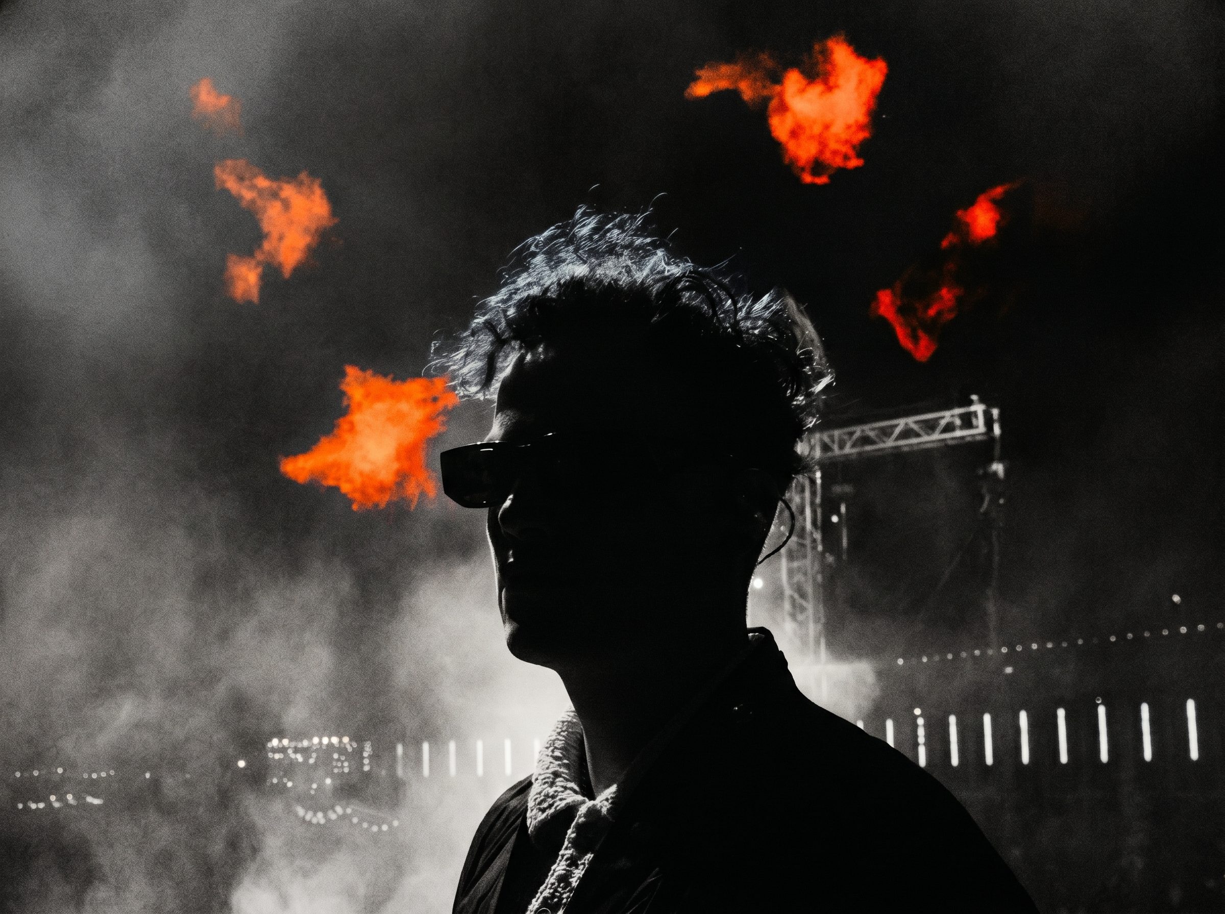 Live show — silhouette against Aloha-orange flame bursts